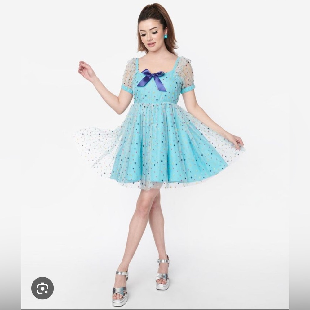Smak Parlour X Unique Vintage Blue Babydoll Dress with Tulle Sleeves